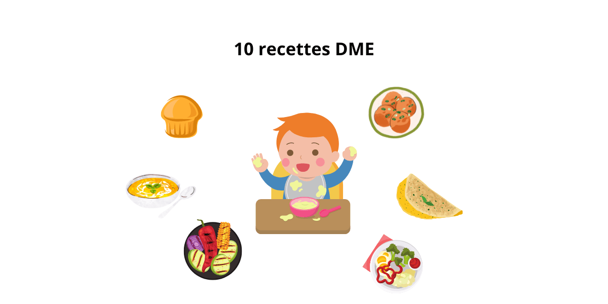 recette pour DME, illustration d'un bébé avec des aliments